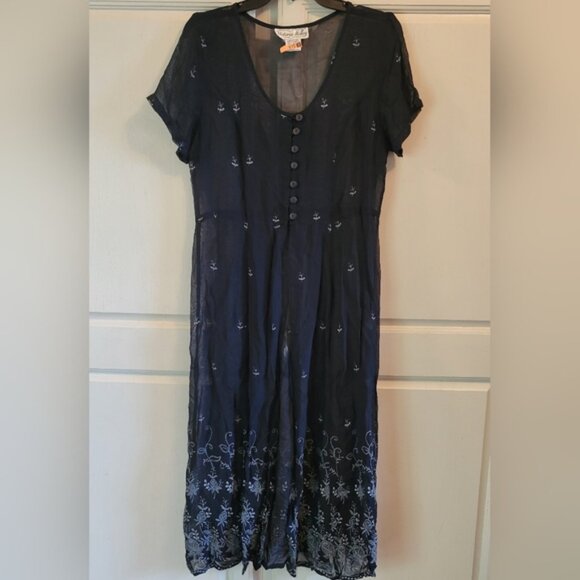 Vintage Victoria Holley Navy White Embroidered Sheer Mesh Duster Dress - Picture 1 of 7